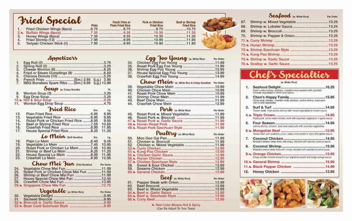 Printed Chen's Kitchen menu with appetizers, fried rice, lo mein, poultry, beef, seafood, and chef's specialties