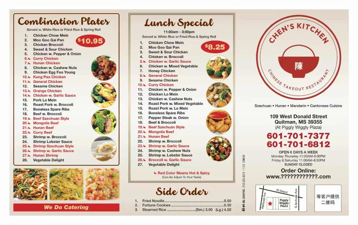 Printed Chen's Kitchen menu showing lunch specials, combination platters, and restaurant details